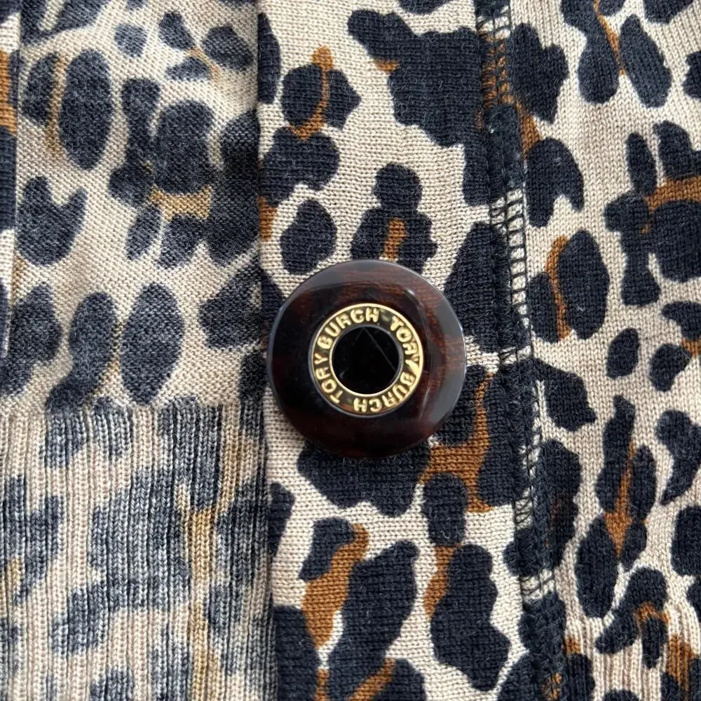 Tory Burch Merino Wool Leopard Print Cardigan Black Brown - Size: Large